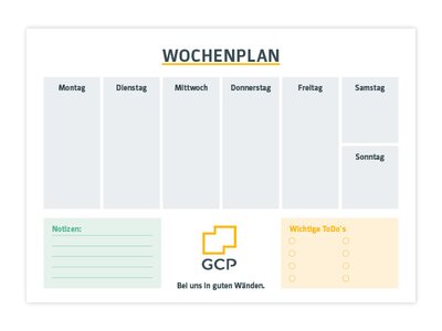 Wochenplan mit Wochentagen, Notizfeld und To-Do-Liste, versehen mit GCP-Logo