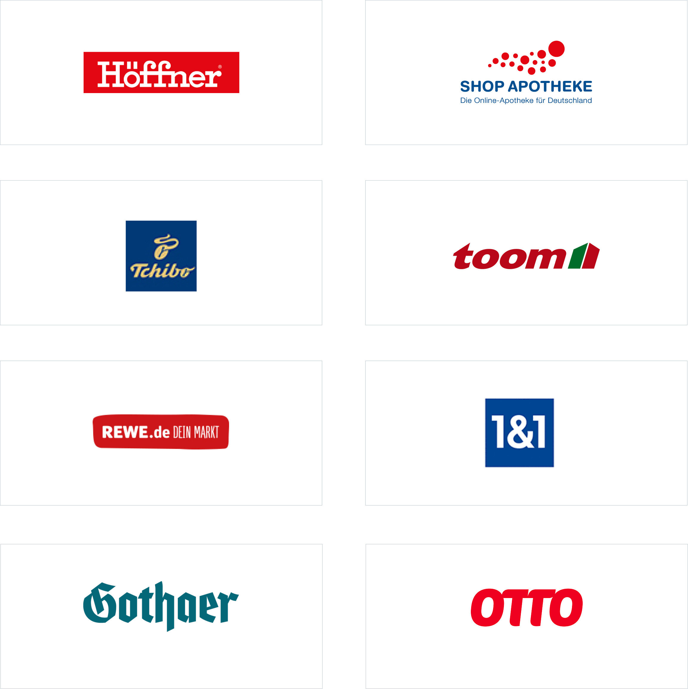 Partnerlogos von Höffner, Shop Apotheke, Tchibo, Toom, REWE, 1&1, Gothaer, Otto
