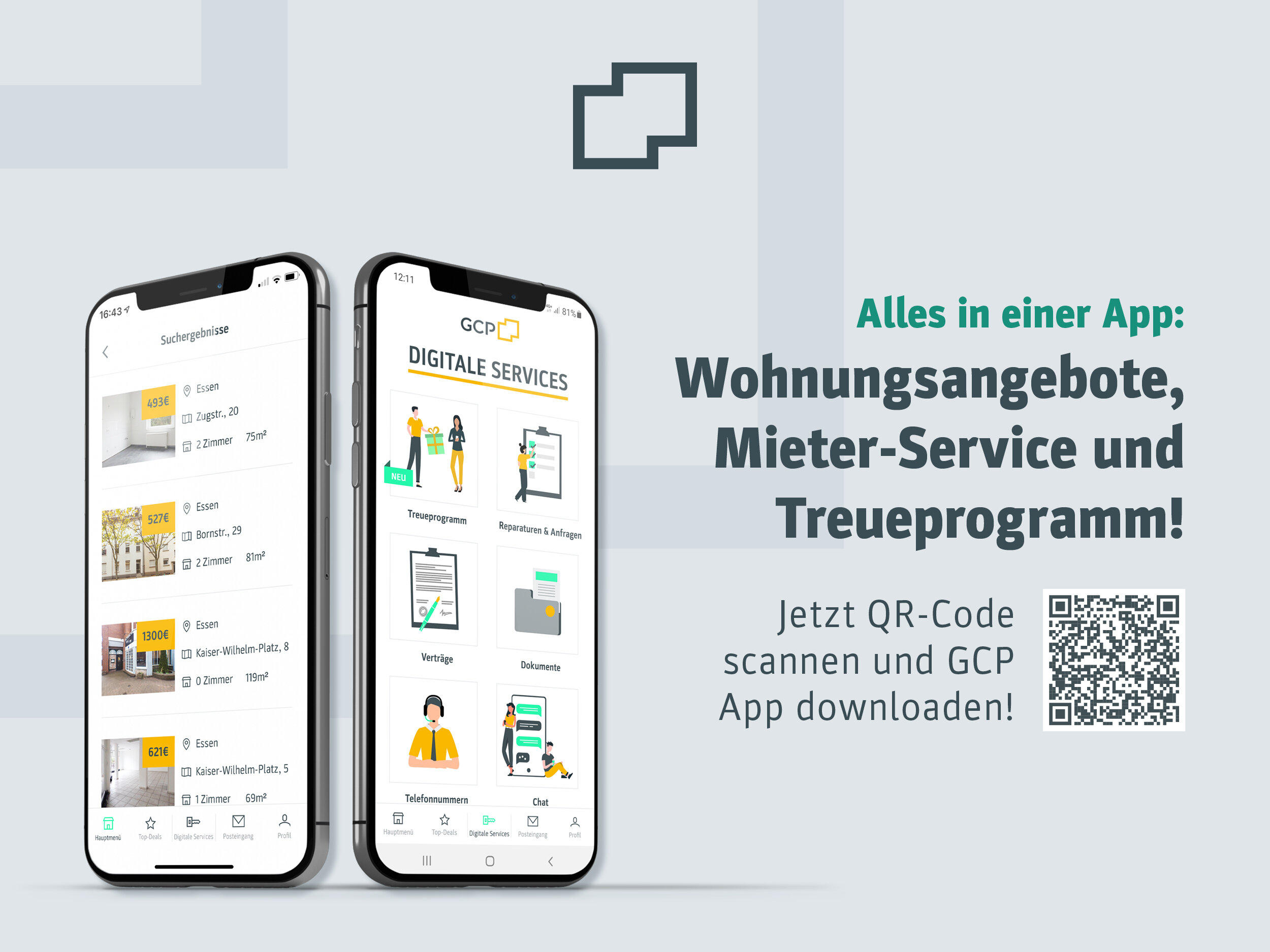 Werbung für die GCP-App mit zwei Smartphones, die die App-Oberfläche zeigen, und einem QR-Code zum Download