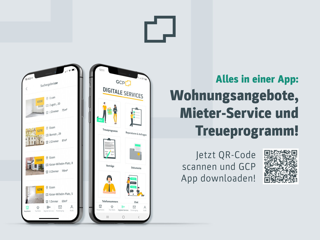 Werbung für die GCP-App mit zwei Smartphones, die die App-Oberfläche zeigen, und einem QR-Code zum Download